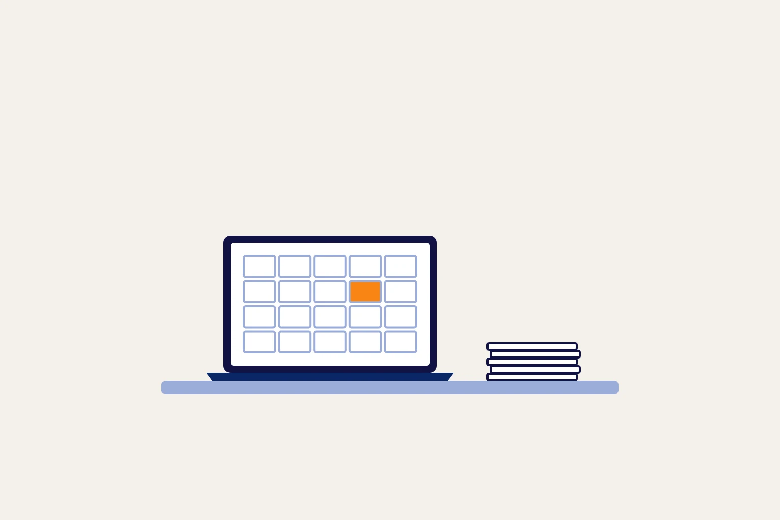 Una laptop sobre un escritorio ordenado muestra una cuadrícula de celdas vacías con una sola celda en naranja; al lado, una pila pequeña de hojas.