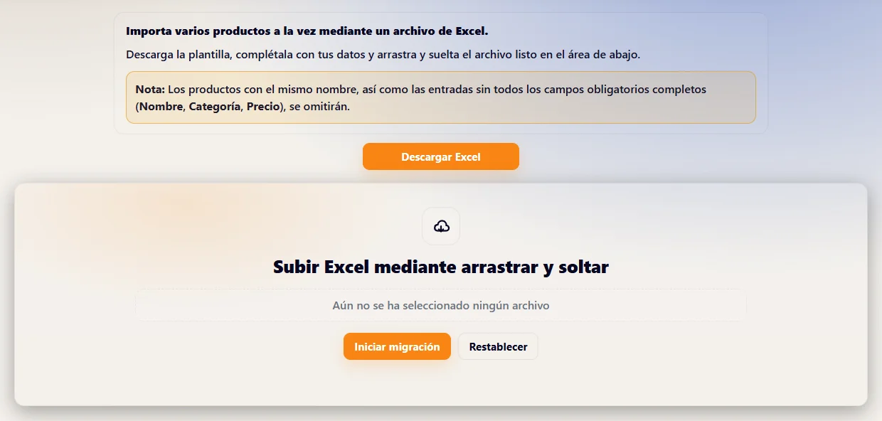 La pantalla de Intiqore para importar productos desde Excel: botón «Descargar Excel» para la plantilla y un área para subir el archivo con el botón «Iniciar migración».