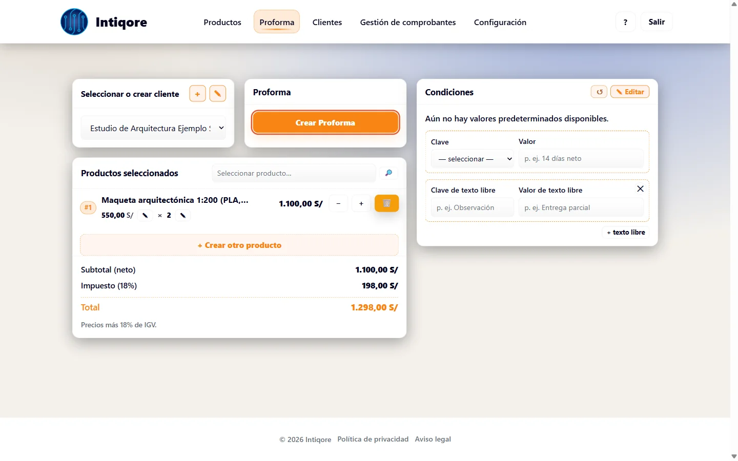Una cotización en Intiqore con sus líneas: cantidad, descripción y precio de cada trabajo.