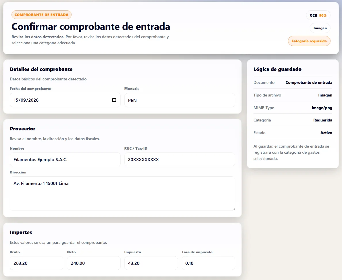 La pantalla «Confirmar comprobante de entrada» de Intiqore con los datos leídos de un comprobante de compra: fecha, moneda PEN, proveedor, dirección e importes bruto, neto e impuesto.